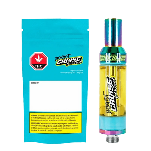 Front view of the Tropical Trip Vape Cartridge with a colorful label, showcasing its cylindrical shape against a dark background.