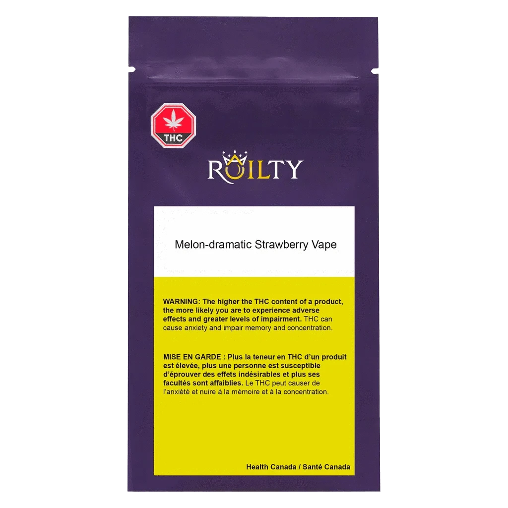 Front view of the Melon-Dramatic Strawberry Vape Cartridge packaging with a vibrant yellow background and branded logo.