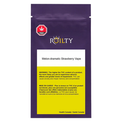 Front view of the Melon-Dramatic Strawberry Vape Cartridge packaging with a vibrant yellow background and branded logo.