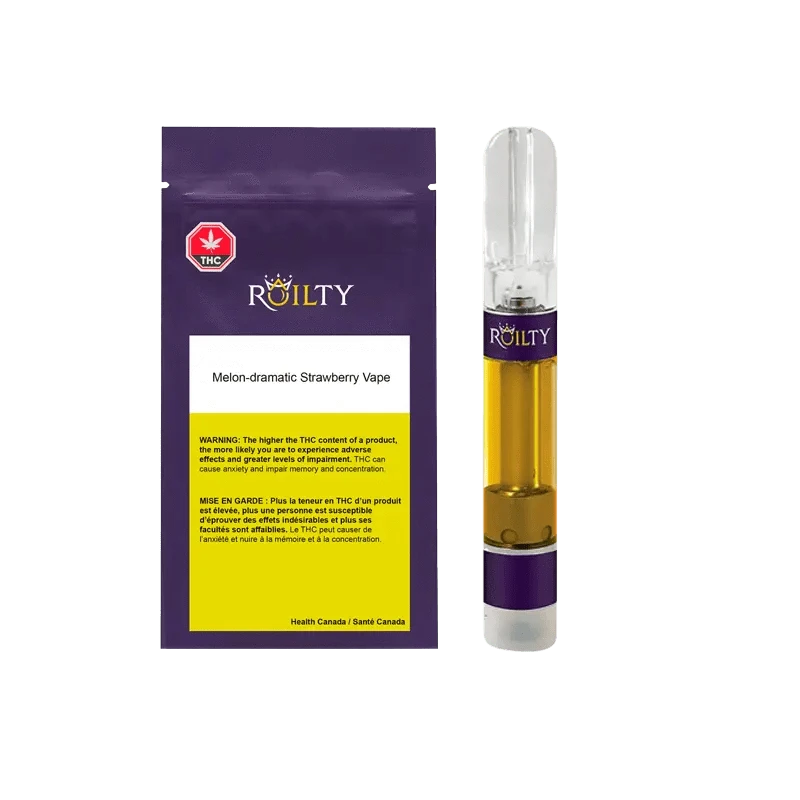 Front view of the Roilty Melon-Dramatic Strawberry Vape Cartridge against a black background, highlighting the metallic tip and branding.