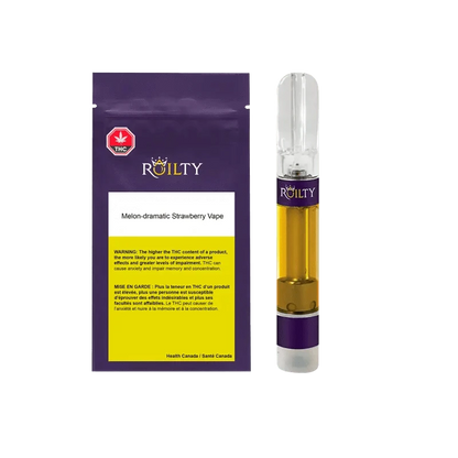 Front view of the Roilty Melon-Dramatic Strawberry Vape Cartridge against a black background, highlighting the metallic tip and branding.