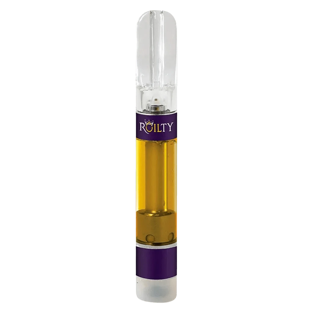 Close-up of the Melon-Dramatic Strawberry Vape Cartridge with a clear glass exterior and metallic accents, angled against a plain white background.