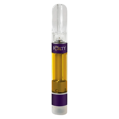 Close-up of the Melon-Dramatic Strawberry Vape Cartridge with a clear glass exterior and metallic accents, angled against a plain white background.