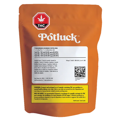 Rear view of the orange Potluck Tangerine Sunrise CBG Disposable Vape pouch with label text, THC symbol, and a QR code.