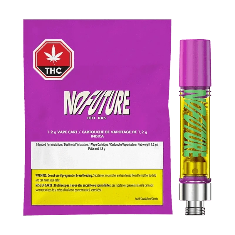 A close-up, angled view of the Hot CKS Vape Cartridge label, displaying product information against a metallic silver background.