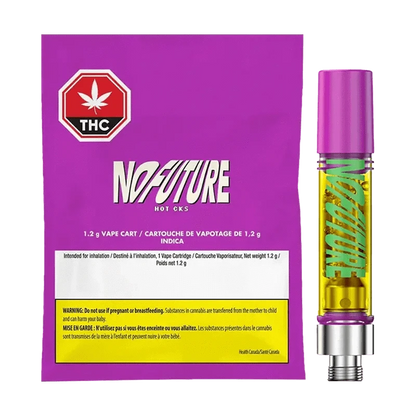 A close-up, angled view of the Hot CKS Vape Cartridge label, displaying product information against a metallic silver background.