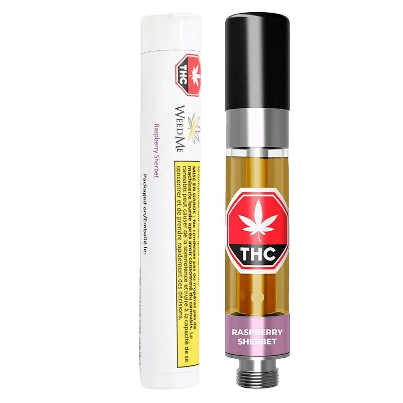 Close-up of the Raspberry Sherb Vape Cartridge with a metallic tip against a white background.