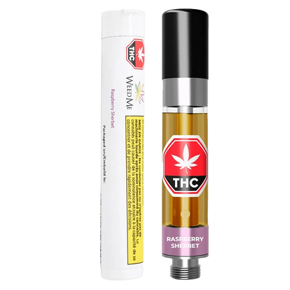 Close-up of the Raspberry Sherb Vape Cartridge with a metallic tip against a white background.