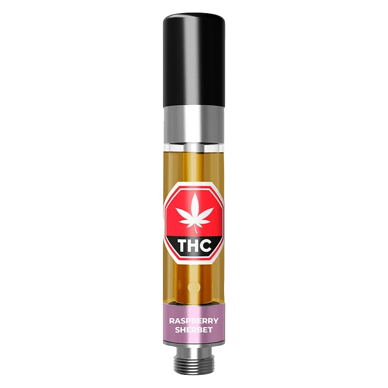 Front view of the Raspberry Sherb Vape Cartridge with a metallic finish, set against a neutral grey background.