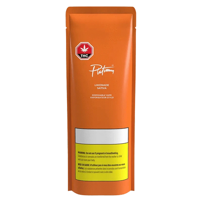 Close-up of the Limonade Disposable Vape packaging, displaying a bright yellow label with black lettering and a THC symbol.