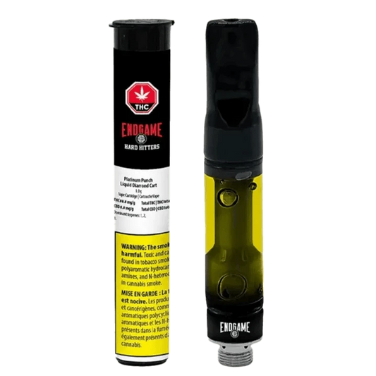 Close-up view of the Hard Hitters Platinum Punch Liquid Diamond Vape Cartridge with visible branding and a metallic connector.