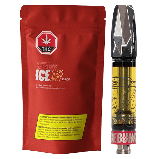 Close-up of the Glass Apple Liquid Diamonds Vape Cartridge with bold text on a dark background.