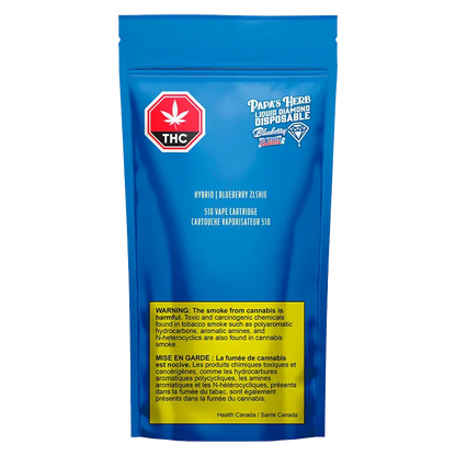 Front-facing shot of a blue pouch labeled "Blueberry Zlshie Vape Cartridge" with Papa's Herb branding, THC symbol, and a yellow health warning at the bottom