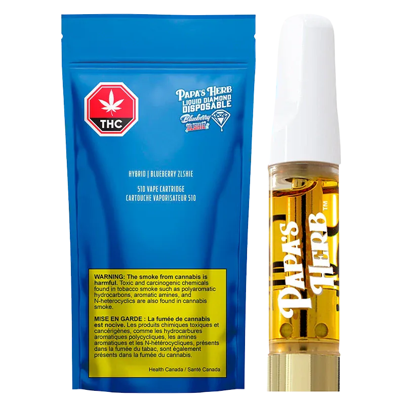 Front-facing product shot of the Blueberry Zlshie Vape Cartridge showing a blue resealable pouch beside a clear cartridge filled with golden oil.
