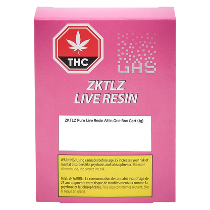 Front-facing image of the pink box labeled ZKTLZ Pure Live Resin AIO Disposable Vape with a THC stop sign symbol and warning panel.