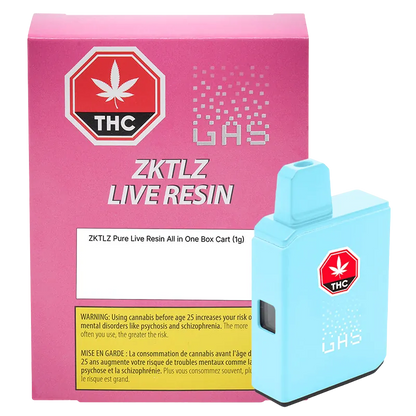 Front three-quarter view of a cyan ZKTLZ Pure Live Resin AIO Disposable Vape standing against its pink ZKTLZ Live Resin box with THC badge.