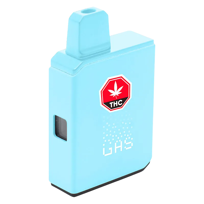 Three-quarter front view of a sky-blue ZKTLZ Pure Live Resin AIO Disposable Vape standing upright with a red THC label and small side window.