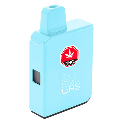 Three-quarter front view of a sky-blue ZKTLZ Pure Live Resin AIO Disposable Vape standing upright with a red THC label and small side window.