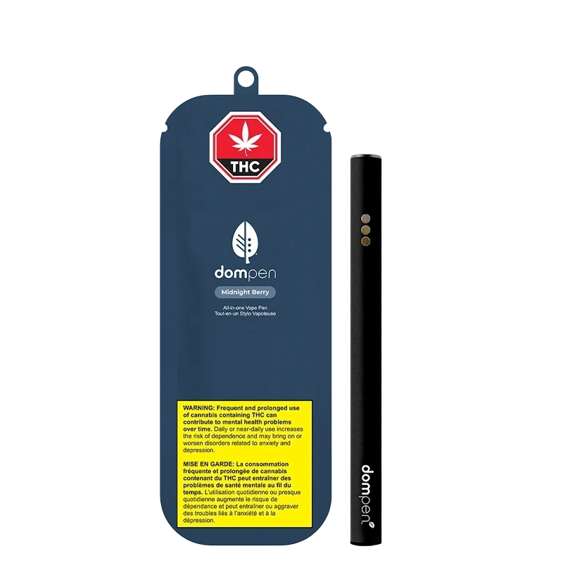 A close-up of the AIO Midnight Berry Disposable Vape against a dark background, highlighting its sleek, cylindrical design.