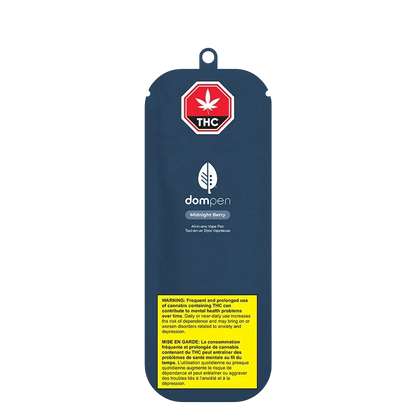 Front view of the AIO Midnight Berry Disposable Vape, displaying warning text on a dark background.