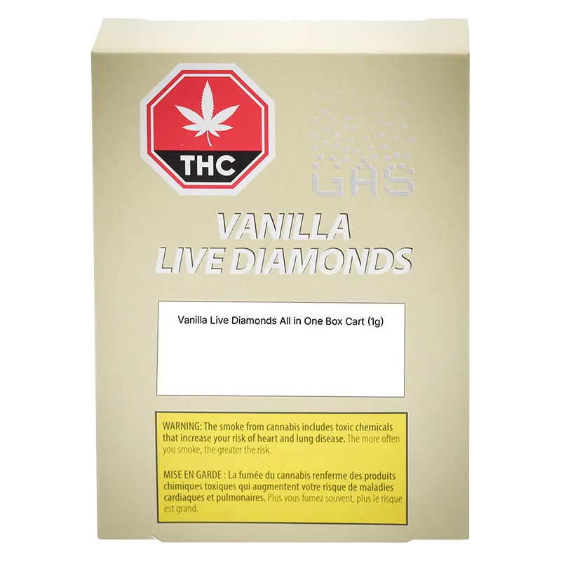 Straight-on shot of the Vanilla Boba Pure Live Resin All in One Box Cart packaging showing a beige box with a red THC octagon, "VANILLA LIVE DIAMONDS" text, and a yellow warning panel.