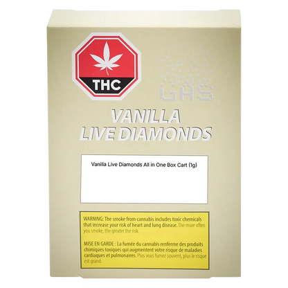 Straight-on shot of the Vanilla Boba Pure Live Resin All in One Box Cart packaging showing a beige box with a red THC octagon, "VANILLA LIVE DIAMONDS" text, and a yellow warning panel.