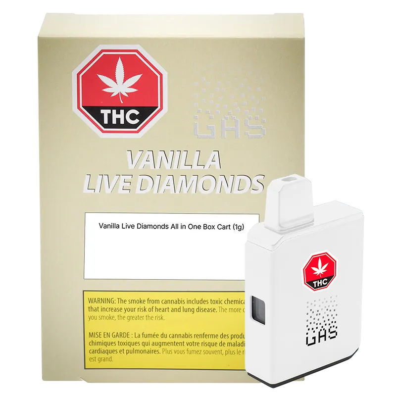 Front three-quarter view of the Vanilla Boba Pure Live Resin All in One Box Cart positioned beside its beige "Vanilla Live Diamonds" box, both shown on a white background.