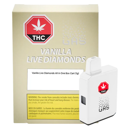 Front three-quarter view of the Vanilla Boba Pure Live Resin All in One Box Cart positioned beside its beige "Vanilla Live Diamonds" box, both shown on a white background.