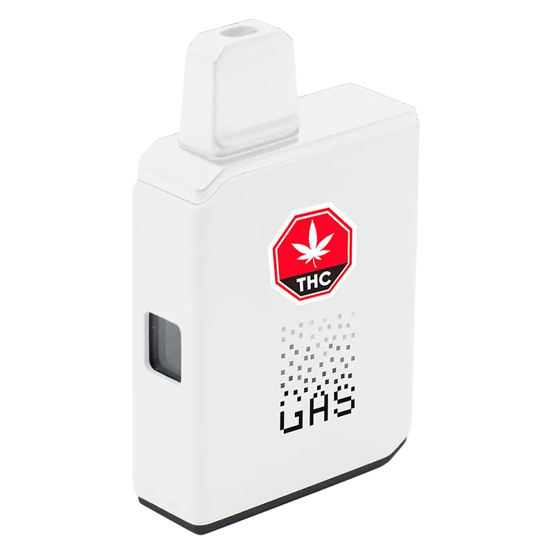 Angled front view of the white Vanilla Boba Pure Live Resin All in One Box Cart showing a top mouthpiece, THC warning label, and pixelated GAS graphic.