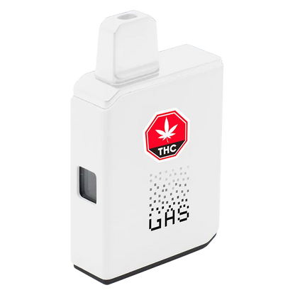 Angled front view of the white Vanilla Boba Pure Live Resin All in One Box Cart showing a top mouthpiece, THC warning label, and pixelated GAS graphic.
