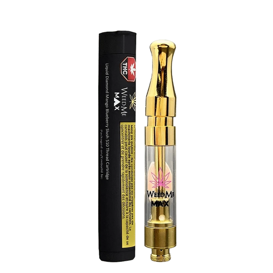A close-up, angled shot of the Liquid Diamond Mango Blueberry Slush Vape Cartridge, showing its metallic and translucent components.