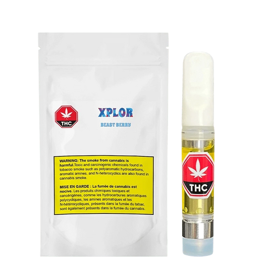 Close-up of the Beast Berry Vape Cartridge with a black label against a dark background, angled slightly to the left.