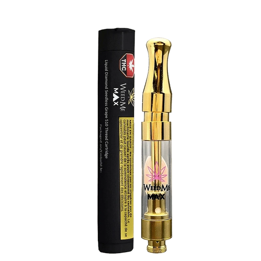 Close-up of the Liquid Diamond Seedless Grape Vape Cartridge, featuring metallic accents against a dark backdrop.