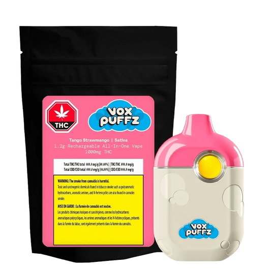 Front view of the Tango Strawmango AIO 1000mg THC Disposable Vape with bright colors and bold text on a black background.