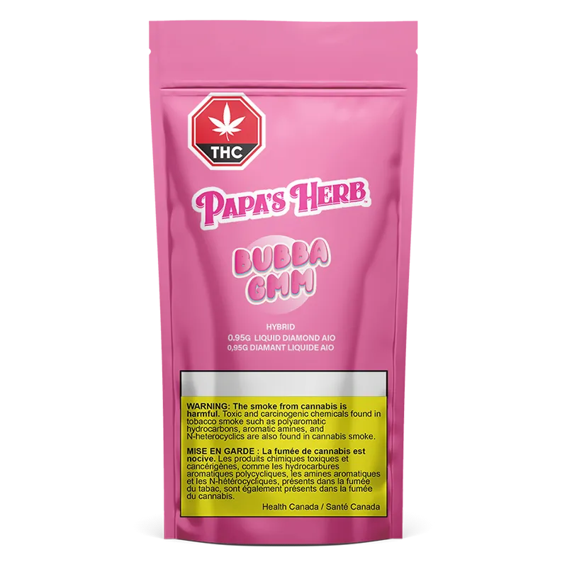 Front-facing pink pouch labeled Hybrid Bubba Gmm - Liquid Diamonds Disposable Vape with "Papa's Herb" and a yellow THC warning box.