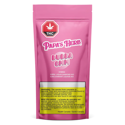 Front-facing pink pouch labeled Hybrid Bubba Gmm - Liquid Diamonds Disposable Vape with "Papa's Herb" and a yellow THC warning box.