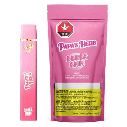 Front-facing shot of the pink Hybrid Bubba Gmm - Liquid Diamonds Disposable Vape pouch and matching device against a white background, showing branding and a yellow warning panel.
