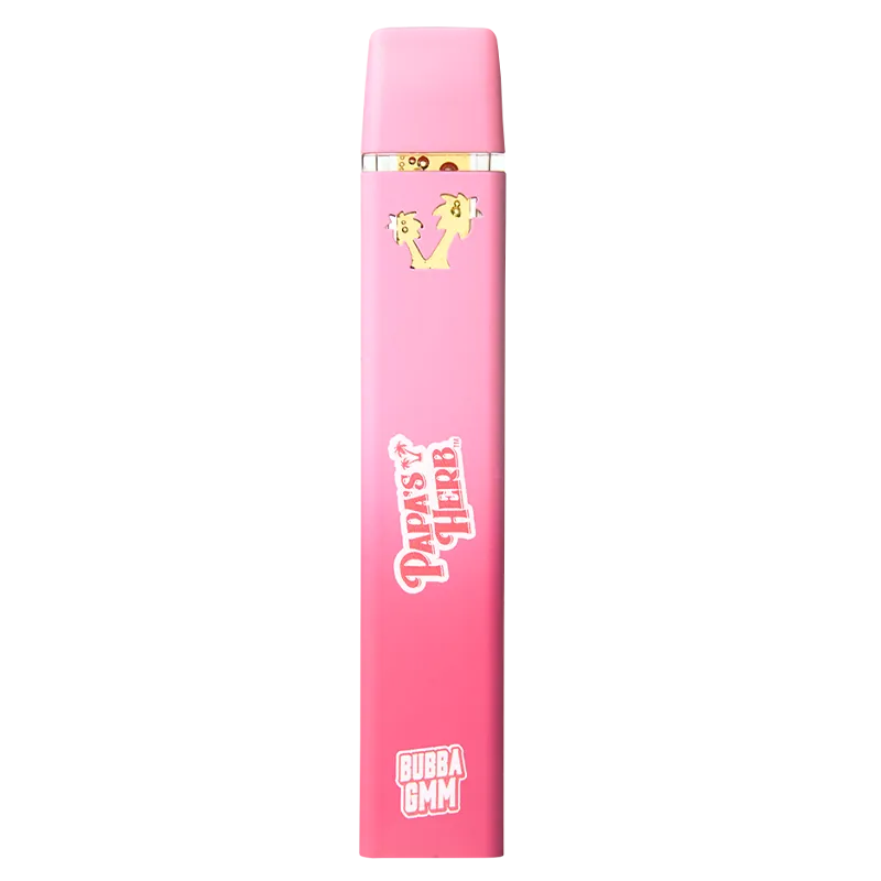 Top-down view of a pink Hybrid Bubba Gmm - Liquid Diamonds Disposable Vape with gold accent and white "Papas Herb" and "Bubba Gmm" logos.