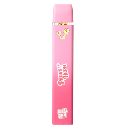 Top-down view of a pink Hybrid Bubba Gmm - Liquid Diamonds Disposable Vape with gold accent and white "Papas Herb" and "Bubba Gmm" logos.