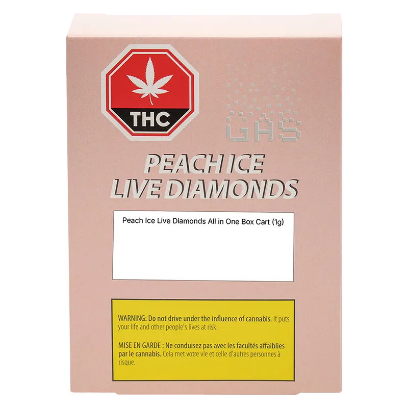 Front-facing photo of the BOX CART: PEACH BOBA Disposable Vape pink box with a THC octagon logo, bold "PEACH ICE LIVE DIAMONDS" text, and a yellow warning panel.