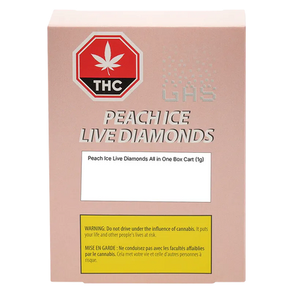 Front-facing photo of the BOX CART: PEACH BOBA Disposable Vape pink box with a THC octagon logo, bold "PEACH ICE LIVE DIAMONDS" text, and a yellow warning panel.