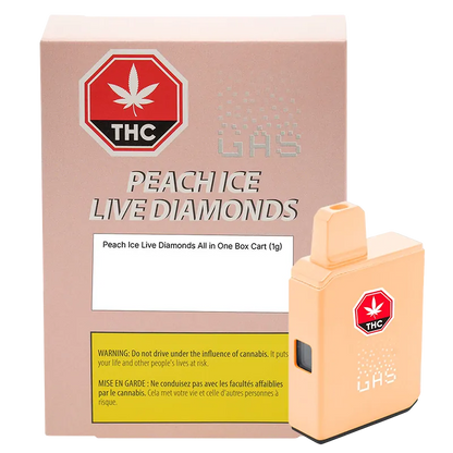 Front three-quarter view of the peach-colored BOX CART: PEACH BOBA Disposable Vape sitting beside its matching "Peach Ice Live Diamonds" box on a white background