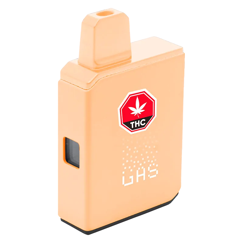Front three-quarter view of the BOX CART: PEACH BOBA Disposable Vape in peach color showing its rectangular body, top mouthpiece, side window, and red THC label.