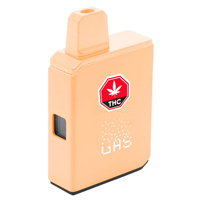 Front three-quarter view of the BOX CART: PEACH BOBA Disposable Vape in peach color showing its rectangular body, top mouthpiece, side window, and red THC label.