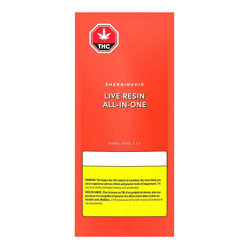 Front view of the Orange Sherbs Live Resin AIO Disposable Vape packaging with bold text and a THC symbol.