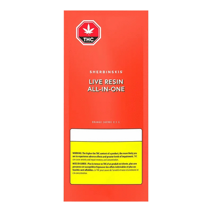 Front view of the Orange Sherbs Live Resin AIO Disposable Vape packaging with bold text and a THC symbol.