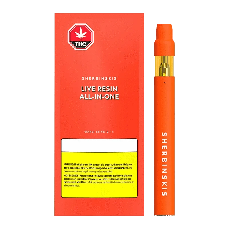 Front view of the Orange Sherbs Live Resin AIO Disposable Vape, displaying a white label with the product name against a black backdrop.