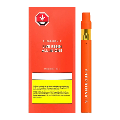Front view of the Orange Sherbs Live Resin AIO Disposable Vape, displaying a white label with the product name against a black backdrop.