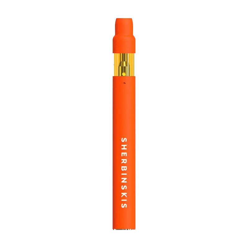 Front view of the Orange Sherbs Live Resin AIO Disposable Vape, showcasing its sleek, orange design against a plain white background.