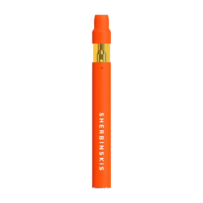 Front view of the Orange Sherbs Live Resin AIO Disposable Vape, showcasing its sleek, orange design against a plain white background.